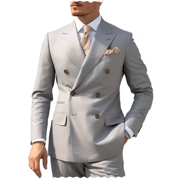 Повседневные серебристые мужские деловые костюмы-смокинги, 2 предмета, двубортный пиджак с остроконечными лацканами обычного покроя + брюки для выпускного вечера, свадьбы