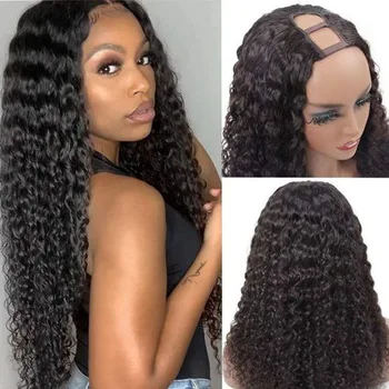 Парики из натуральных черных бразильских человеческих волос с U-образной частью, средняя часть, парик из человеческих волос с глубокой волной для чернокожих женщин
