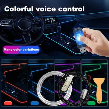 Цветное Освещение салона автомобиля Голосовое Управление Декоративное Окружающее EL Холодное освещение Гибкие Неоновые RGB Светодиодные ленты USB Волоконно-оптическая лампа